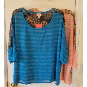 Massimo Top Size XXL Dolman Sleeve Lot of 2 Blue Peach Striped Floral Sheer Boho
